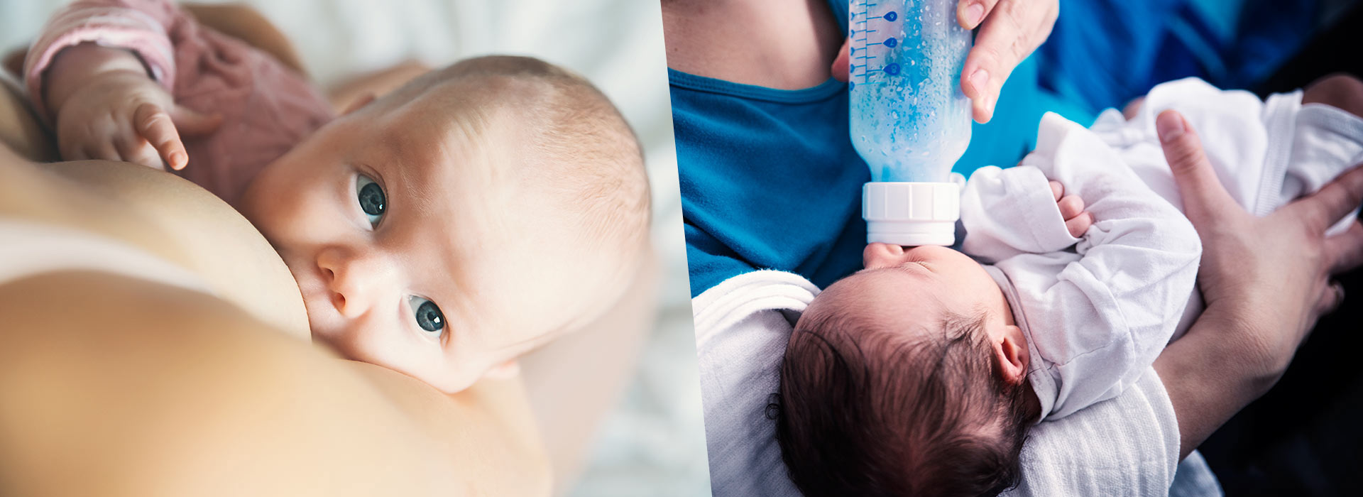 Split screen of baby bottle feeding and baby breastfeeding
