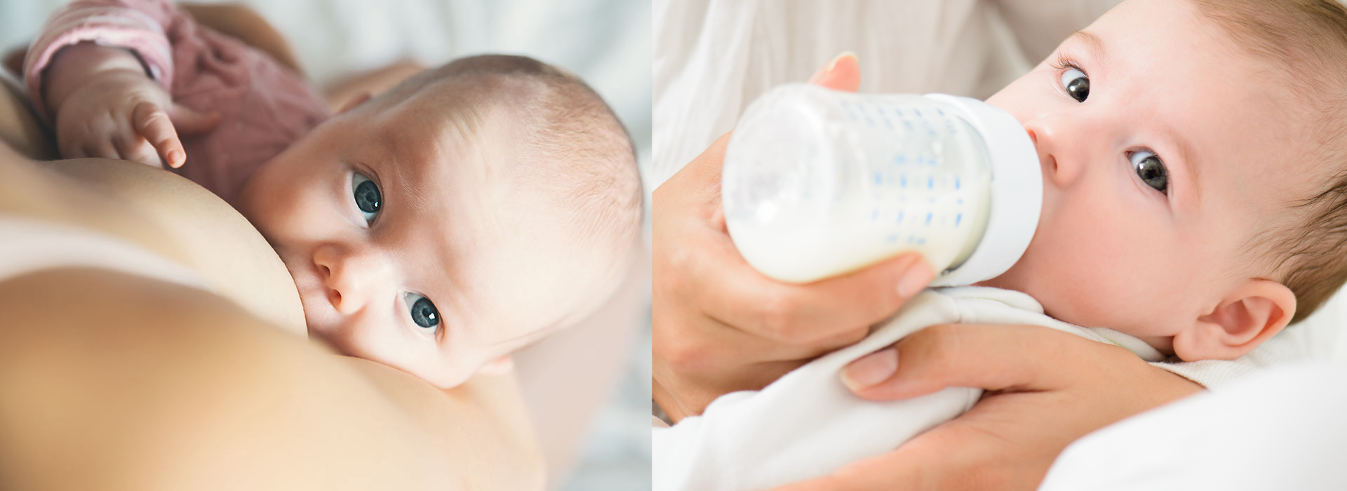 Split screen of baby bottle feeding and baby breastfeeding