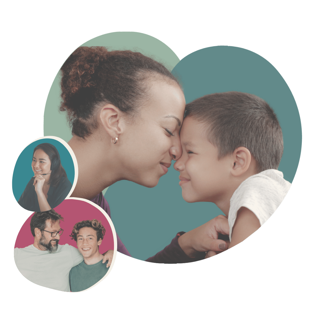 Mother and child bump noses, father and teen smiling, and a counsellor on the phone Mother and child bump noses, father and teen smiling, and a counsellor on the phone