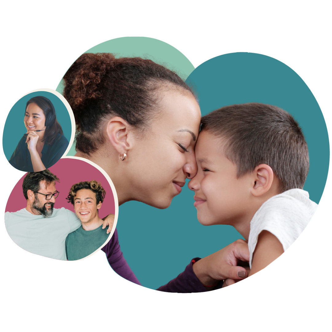 Mother and child bump noses, father and teen smiling, and a counsellor on the phone