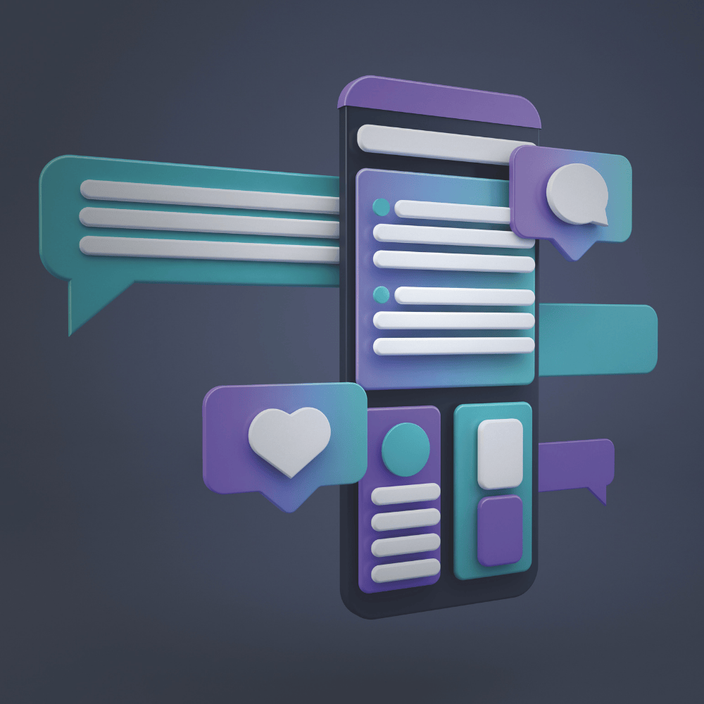 illustration of a phone with social media feed, emojis and messages on the screen and surrounding